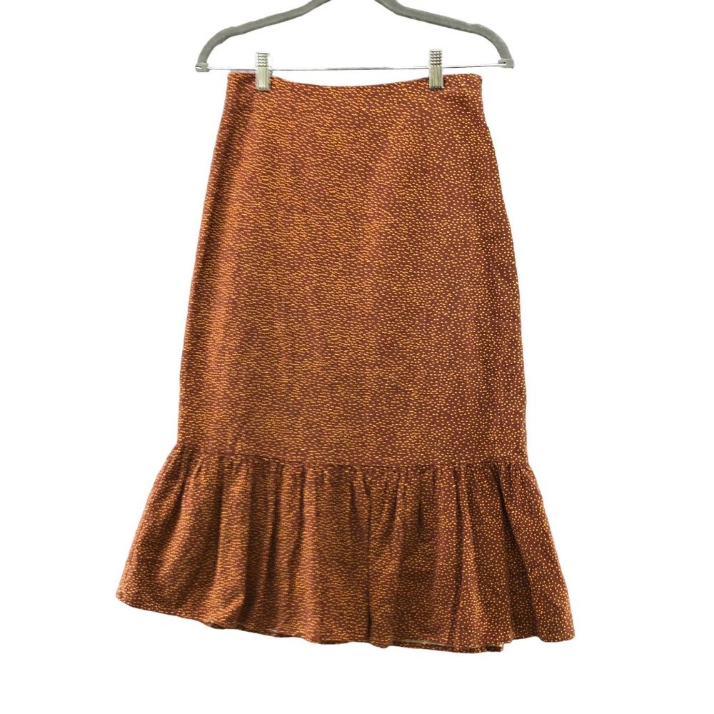 Urban Outfitters Linen Blend Midi Skirt Ruffle Hem Polka Dot High Waist XS Brown